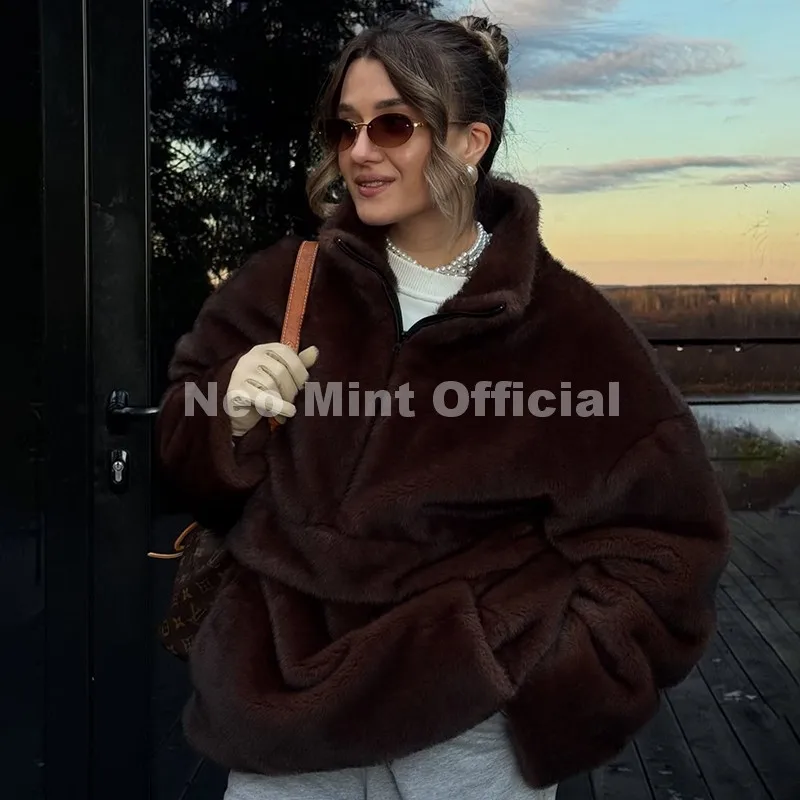 Neo Mint Iconic Chic Street Fashion Girls Faux Mink Fur Hoodies Sweatshirts Women Retro Luxury Front Zipper Eco Fur Jacket Coats