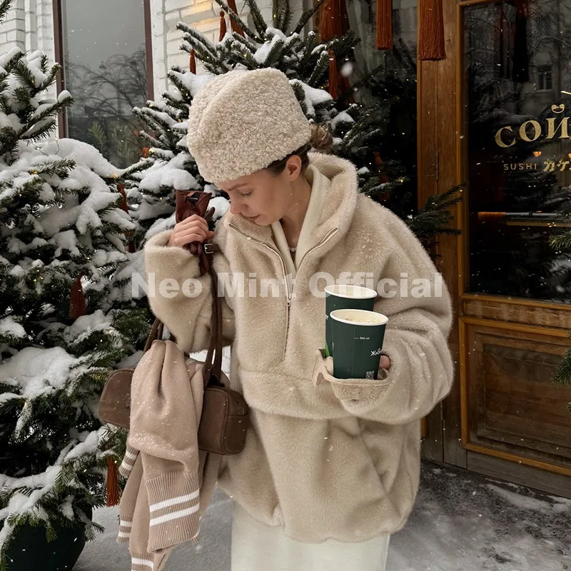 Neo Mint Iconic Chic Street Fashion Girls Faux Mink Fur Hoodies Sweatshirts Women Retro Luxury Front Zipper Eco Fur Jacket Coats
