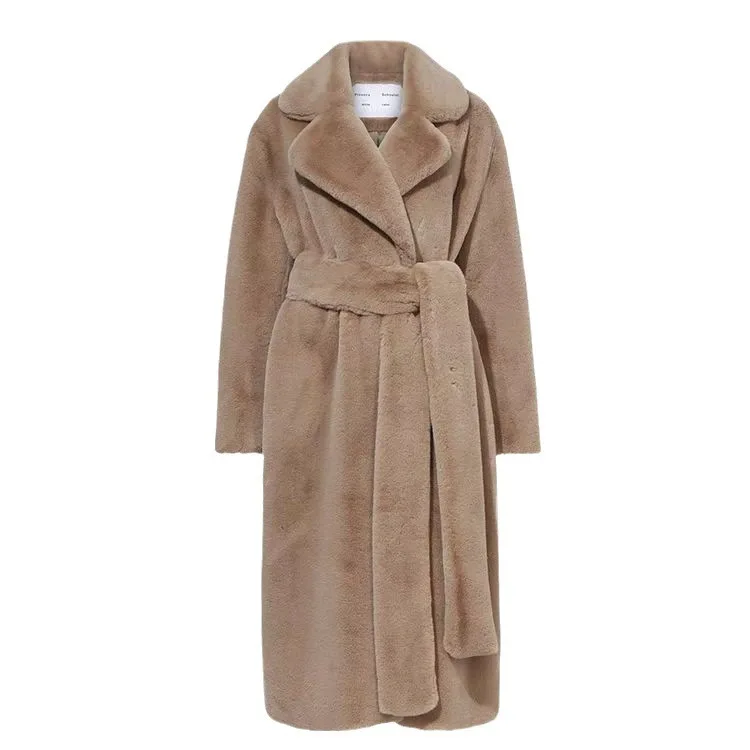 Women Lapel Luxury Lace Up Faux Fur Coat Chic Long Sleeve Fluffy Warm Loose Long Jacket Lady Winter Daily Highstreet Outerwears