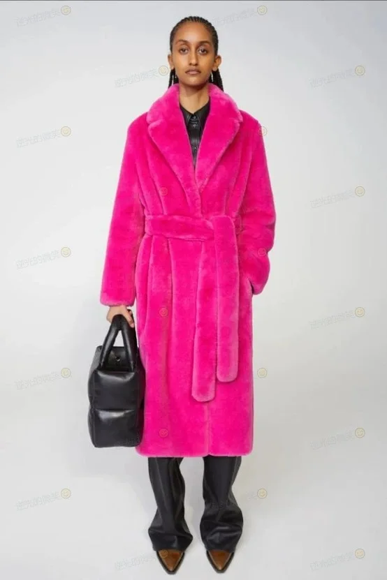 Women Lapel Luxury Lace Up Faux Fur Coat Chic Long Sleeve Fluffy Warm Loose Long Jacket Lady Winter Daily Highstreet Outerwears