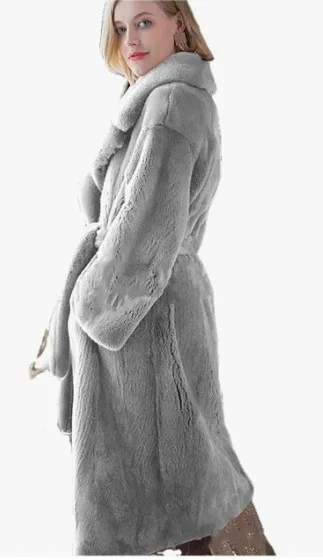 Women Lapel Luxury Lace Up Faux Fur Coat Chic Long Sleeve Fluffy Warm Loose Long Jacket Lady Winter Daily Highstreet Outerwears