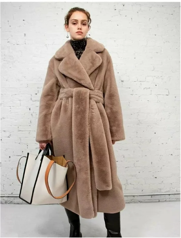 Women Lapel Luxury Lace Up Faux Fur Coat Chic Long Sleeve Fluffy Warm Loose Long Jacket Lady Winter Daily Highstreet Outerwears