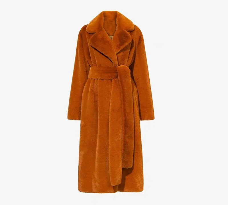 Women Lapel Luxury Lace Up Faux Fur Coat Chic Long Sleeve Fluffy Warm Loose Long Jacket Lady Winter Daily Highstreet Outerwears
