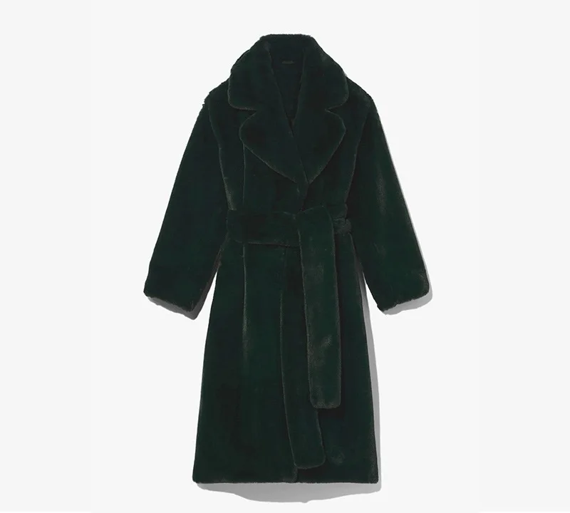Women Lapel Luxury Lace Up Faux Fur Coat Chic Long Sleeve Fluffy Warm Loose Long Jacket Lady Winter Daily Highstreet Outerwears
