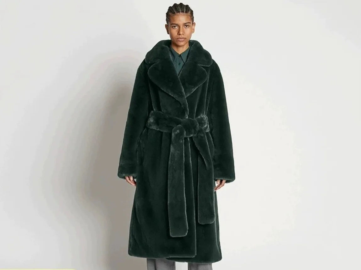 Women Lapel Luxury Lace Up Faux Fur Coat Chic Long Sleeve Fluffy Warm Loose Long Jacket Lady Winter Daily Highstreet Outerwears