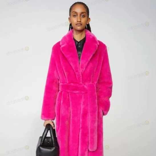 Women Lapel Luxury Lace Up Faux Fur Coat Chic Long Sleeve Fluffy Warm Loose Long Jacket Lady Winter Daily Highstreet Outerwears