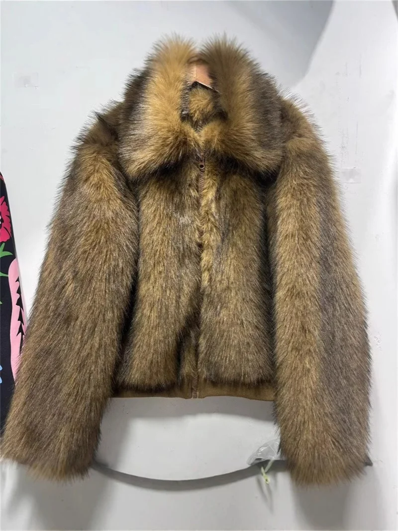 2025 Fashion Fox Fur Short Coat Women's Faux Fur Overcoat Winter Thicken Loose Jacket Streetwear Lady Zipper-up Fur Outerwear