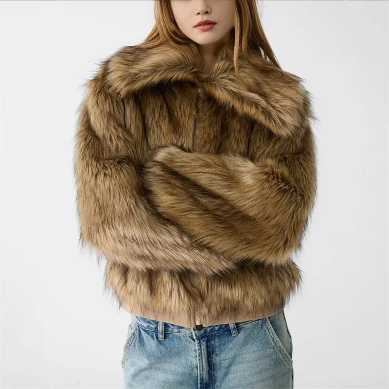 2025 Fashion Fox Fur Short Coat Women's Faux Fur Overcoat Winter Thicken Loose Jacket Streetwear Lady Zipper-up Fur Outerwear
