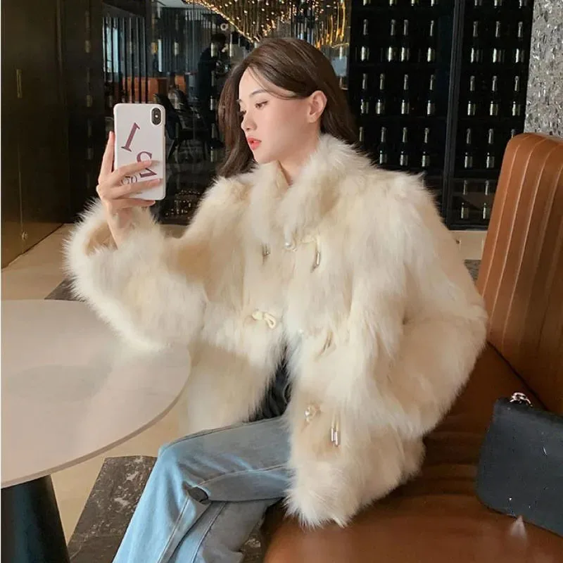 2025 Female Long Sleeved Fur Jacket Autumn Winter Women Fashion Solid Color Faux Fur Coat Korean Lady High End Plush Top Outwear