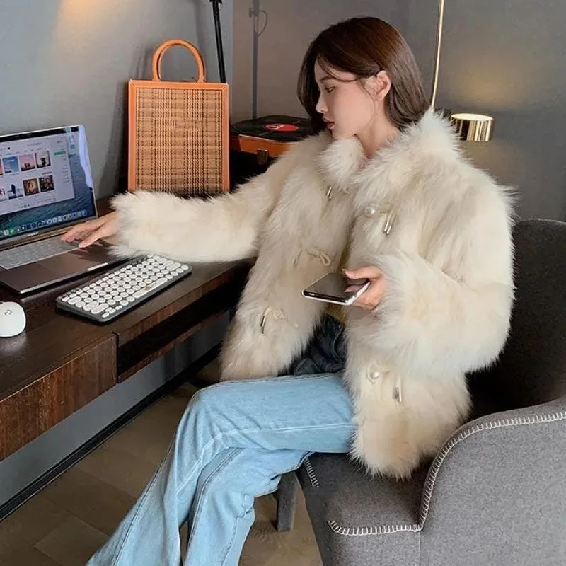 2025 Female Long Sleeved Fur Jacket Autumn Winter Women Fashion Solid Color Faux Fur Coat Korean Lady High End Plush Top Outwear