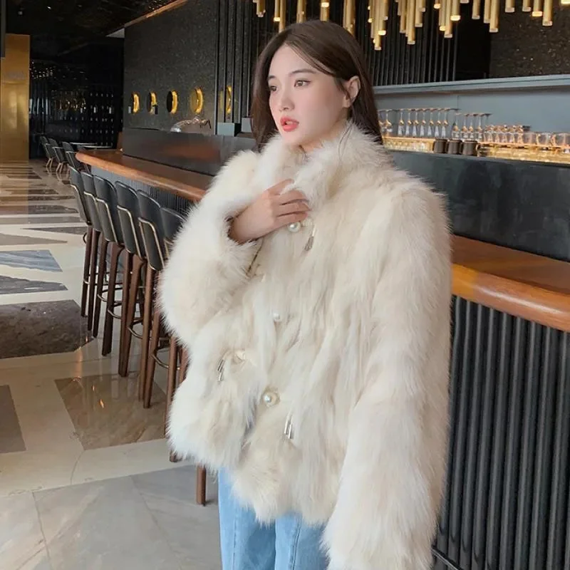 2025 Female Long Sleeved Fur Jacket Autumn Winter Women Fashion Solid Color Faux Fur Coat Korean Lady High End Plush Top Outwear