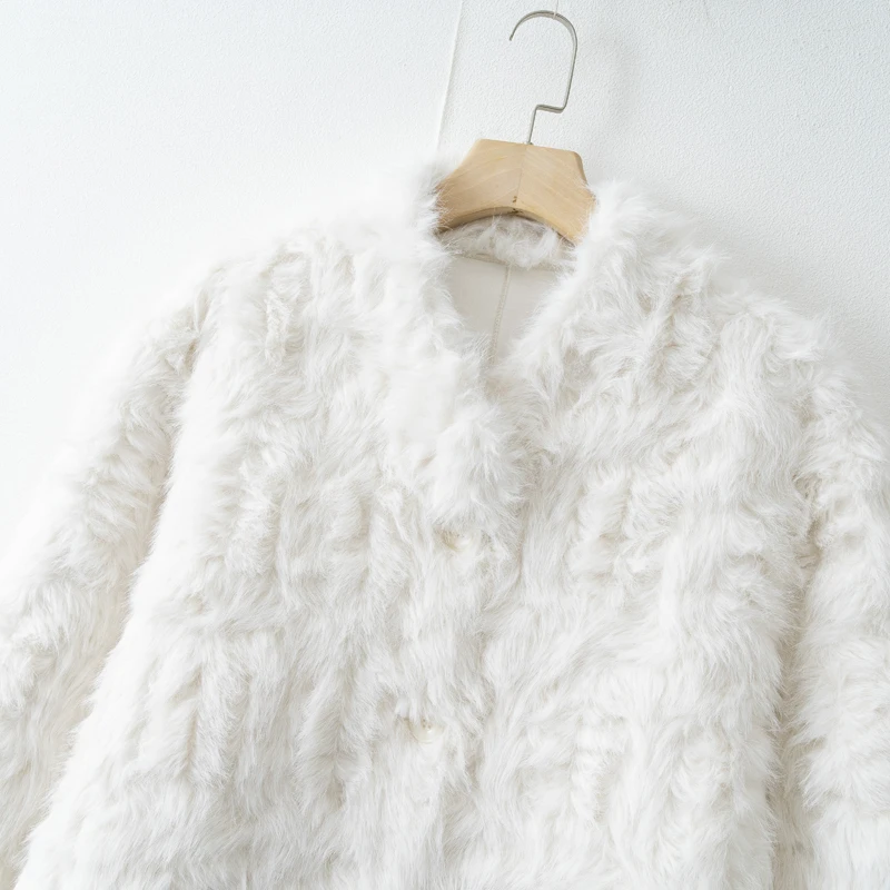 Women Mid-length Faux Fur Coat V neck Single Breasted Autumn Winter Warm Plush Overcoat