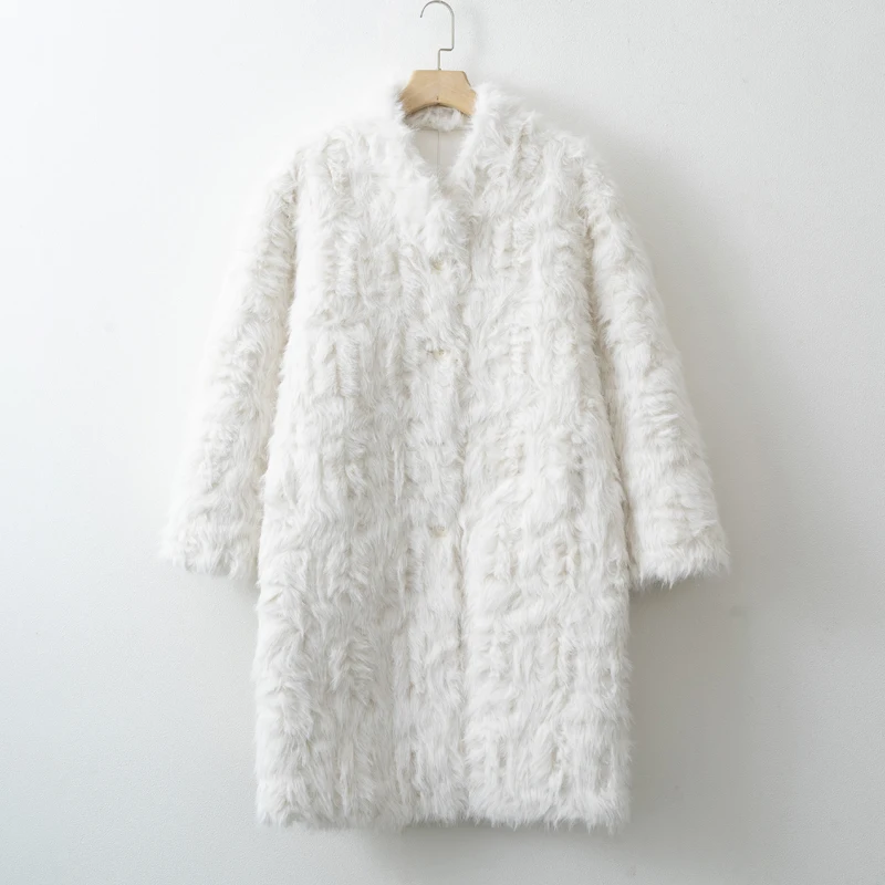 Women Mid-length Faux Fur Coat V neck Single Breasted Autumn Winter Warm Plush Overcoat