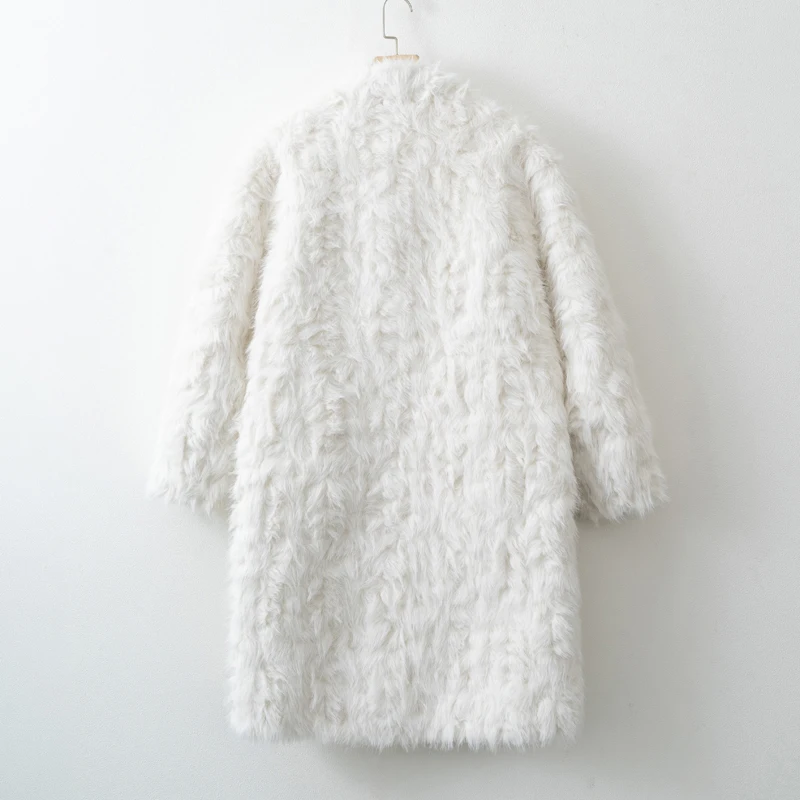 Women Mid-length Faux Fur Coat V neck Single Breasted Autumn Winter Warm Plush Overcoat