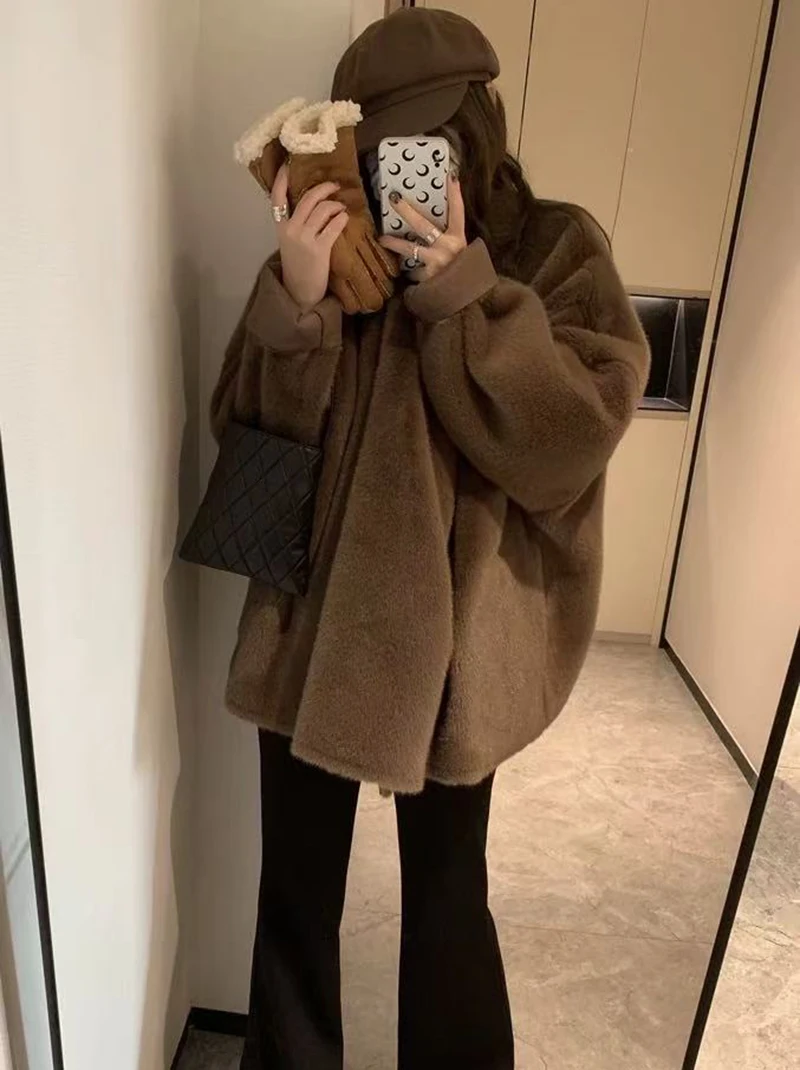 Winter Faux Mink Fur Coat for Women Y2K Korean Loose Luxury Hairy Casual Jacket Fashion Street Long Sleeve Warm Fur Outerwear