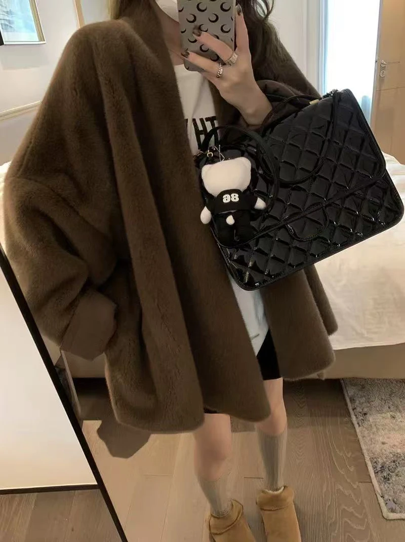 Winter Faux Mink Fur Coat for Women Y2K Korean Loose Luxury Hairy Casual Jacket Fashion Street Long Sleeve Warm Fur Outerwear