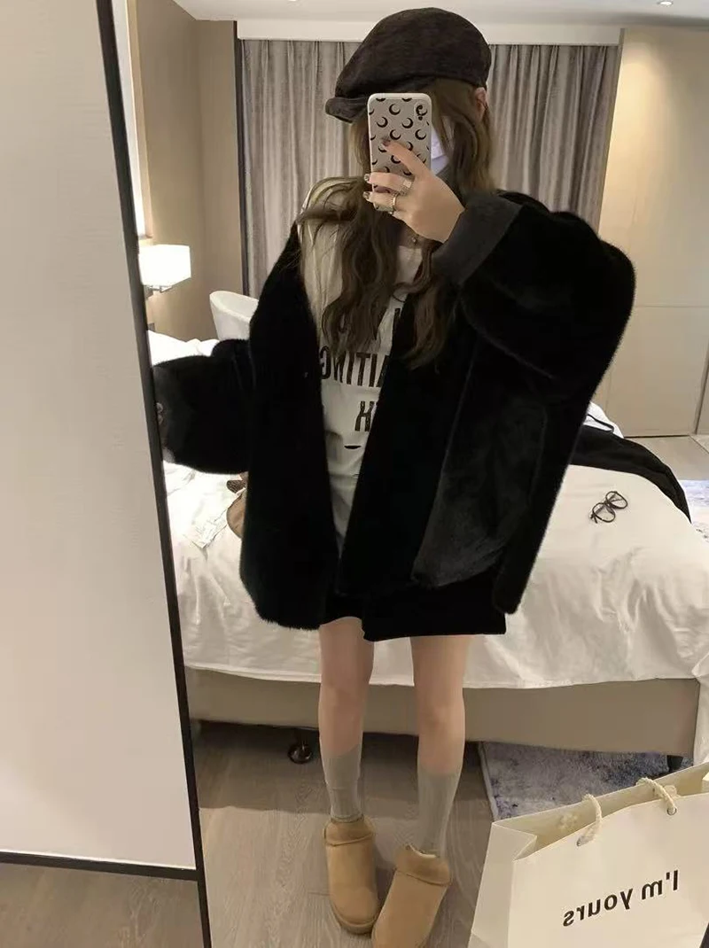 Winter Faux Mink Fur Coat for Women Y2K Korean Loose Luxury Hairy Casual Jacket Fashion Street Long Sleeve Warm Fur Outerwear