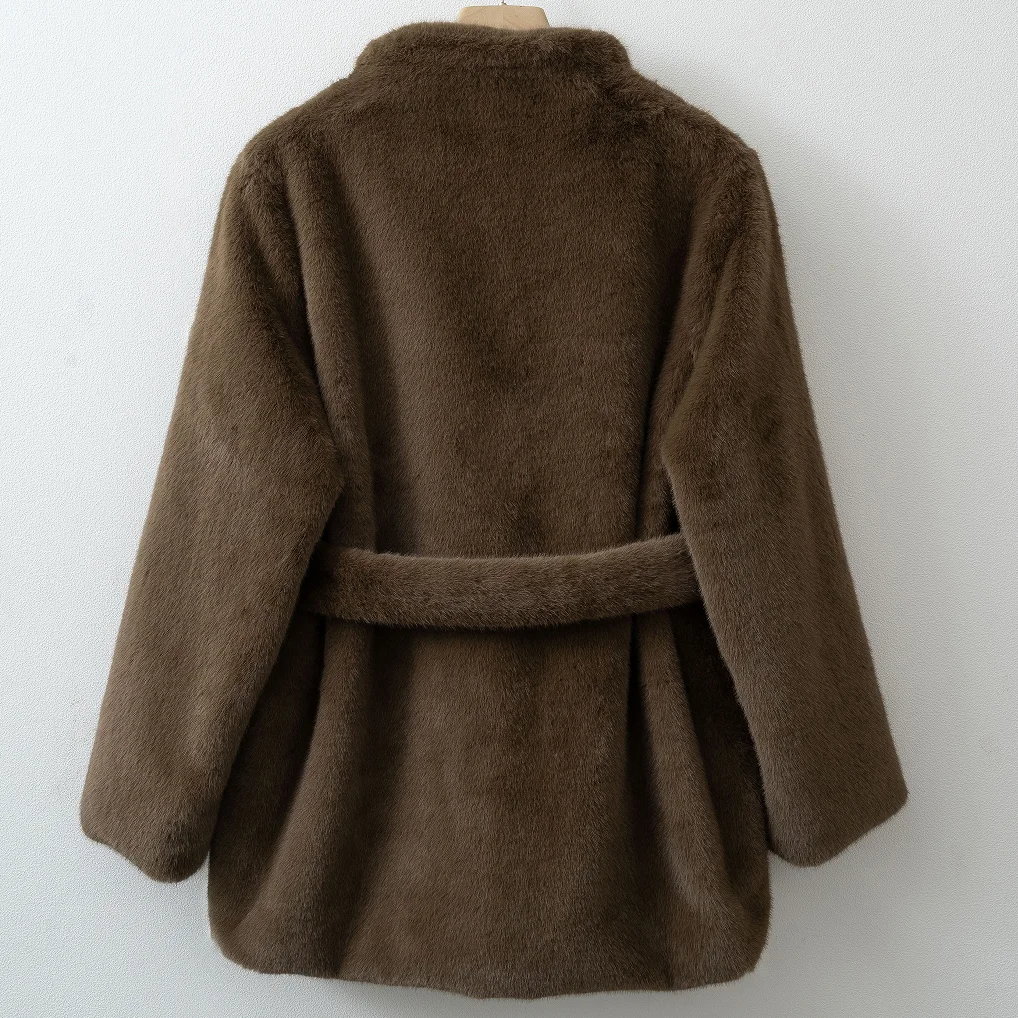 Women Shawl Collar Faux Fur Coat, Single‑Breasted Warm Fluffy Plush Jacket with Waist Belt, Elegant Autumn Winter Outerwear