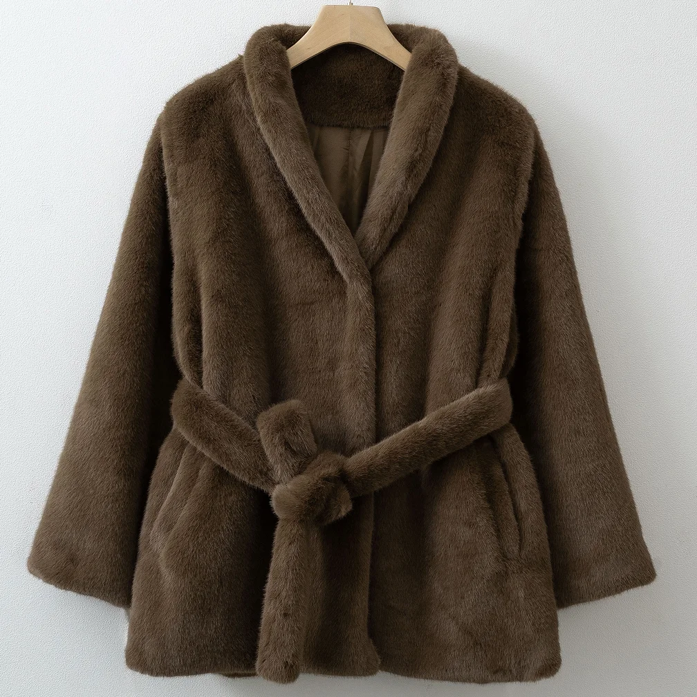 Women Shawl Collar Faux Fur Coat, Single‑Breasted Warm Fluffy Plush Jacket with Waist Belt, Elegant Autumn Winter Outerwear