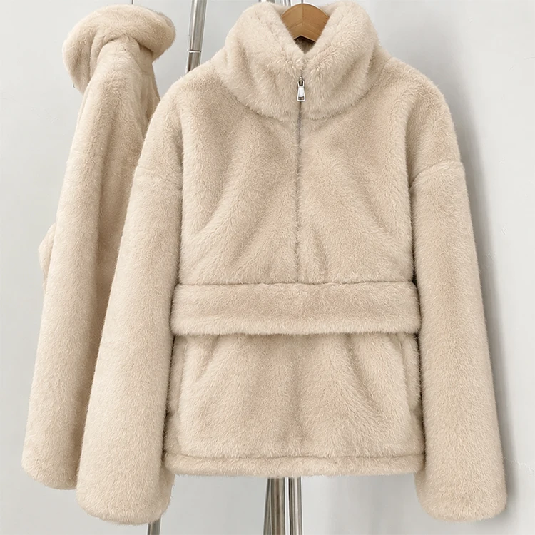 Aynaray 2026 Autumn Winter Women Faux Fur Sweatshirt Solid Brown Warm Oversized Pullover Long Sleeve Plush Fluffy Outwear Women