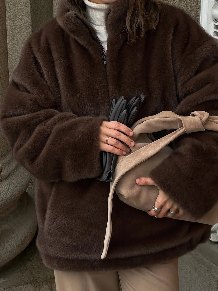 Aynaray 2026 Autumn Winter Women Faux Fur Sweatshirt Solid Brown Warm Oversized Pullover Long Sleeve Plush Fluffy Outwear Women