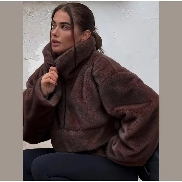 Aynaray 2026 Autumn Winter Women Faux Fur Sweatshirt Solid Brown Warm Oversized Pullover Long Sleeve Plush Fluffy Outwear Women