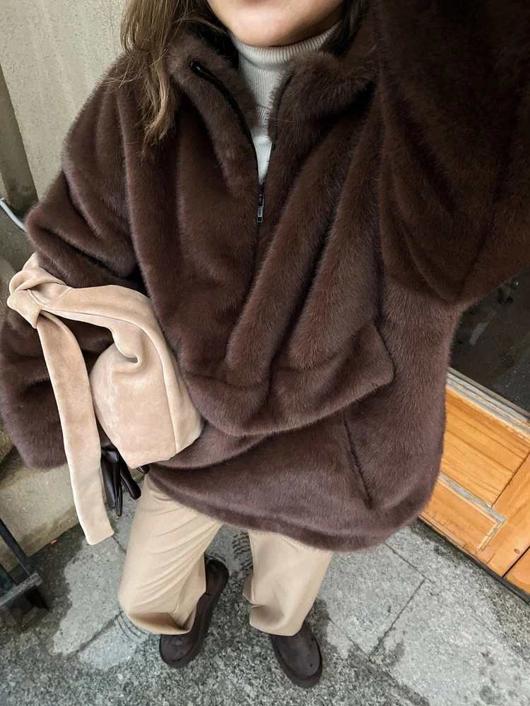 Aynaray 2026 Autumn Winter Women Faux Fur Sweatshirt Solid Brown Warm Oversized Pullover Long Sleeve Plush Fluffy Outwear Women