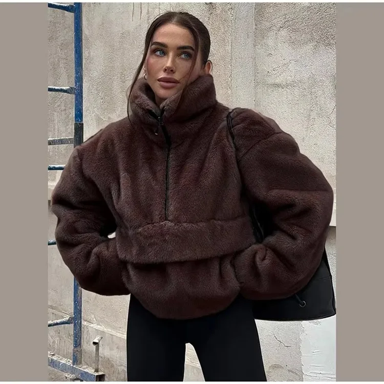 Aynaray 2026 Autumn Winter Women Faux Fur Sweatshirt Solid Brown Warm Oversized Pullover Long Sleeve Plush Fluffy Outwear Women