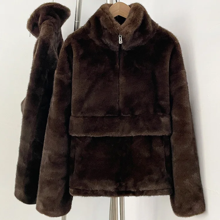 Aynaray 2026 Autumn Winter Women Faux Fur Sweatshirt Solid Brown Warm Oversized Pullover Long Sleeve Plush Fluffy Outwear Women