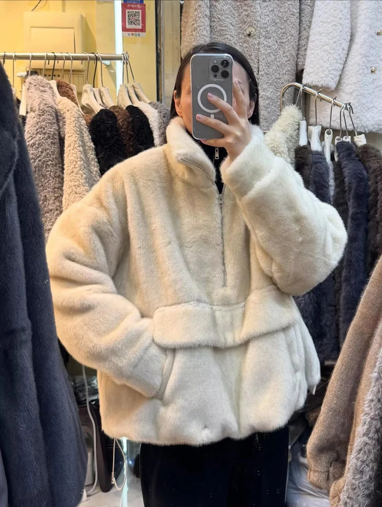 Aynaray 2026 Autumn Winter Women Faux Fur Sweatshirt Solid Brown Warm Oversized Pullover Long Sleeve Plush Fluffy Outwear Women