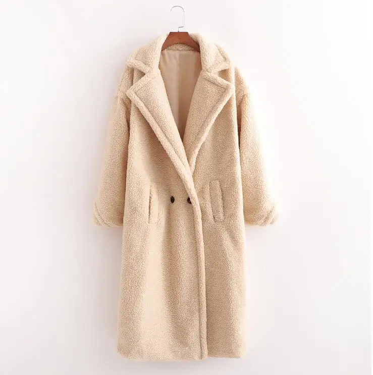 Winter Notched Collar Hairy Shaggy Faux Fur Long Teddy Coat Ivory Woman Shearling Fluffy X-Long Jackets Keep Warm Outerwear