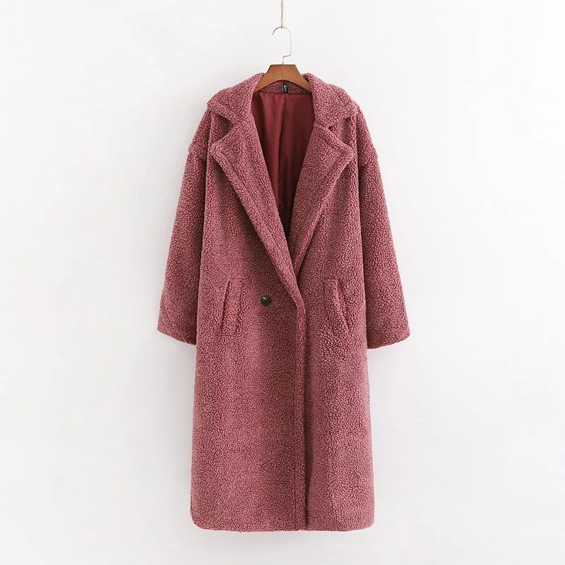 Winter Notched Collar Hairy Shaggy Faux Fur Long Teddy Coat Ivory Woman Shearling Fluffy X-Long Jackets Keep Warm Outerwear