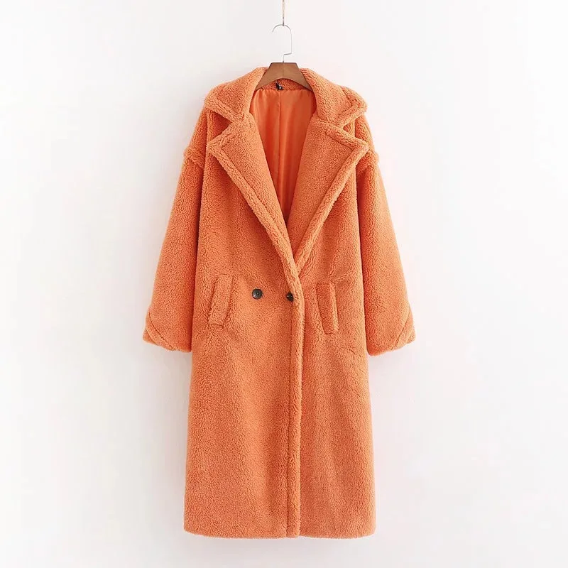 Winter Notched Collar Hairy Shaggy Faux Fur Long Teddy Coat Ivory Woman Shearling Fluffy X-Long Jackets Keep Warm Outerwear