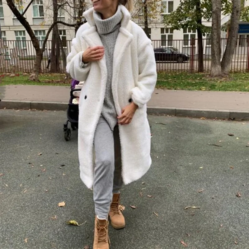 Winter Notched Collar Hairy Shaggy Faux Fur Long Teddy Coat Ivory Woman Shearling Fluffy X-Long Jackets Keep Warm Outerwear