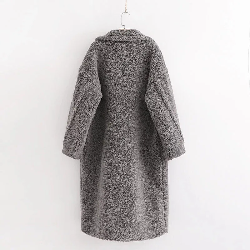 Winter Notched Collar Hairy Shaggy Faux Fur Long Teddy Coat Ivory Woman Shearling Fluffy X-Long Jackets Keep Warm Outerwear