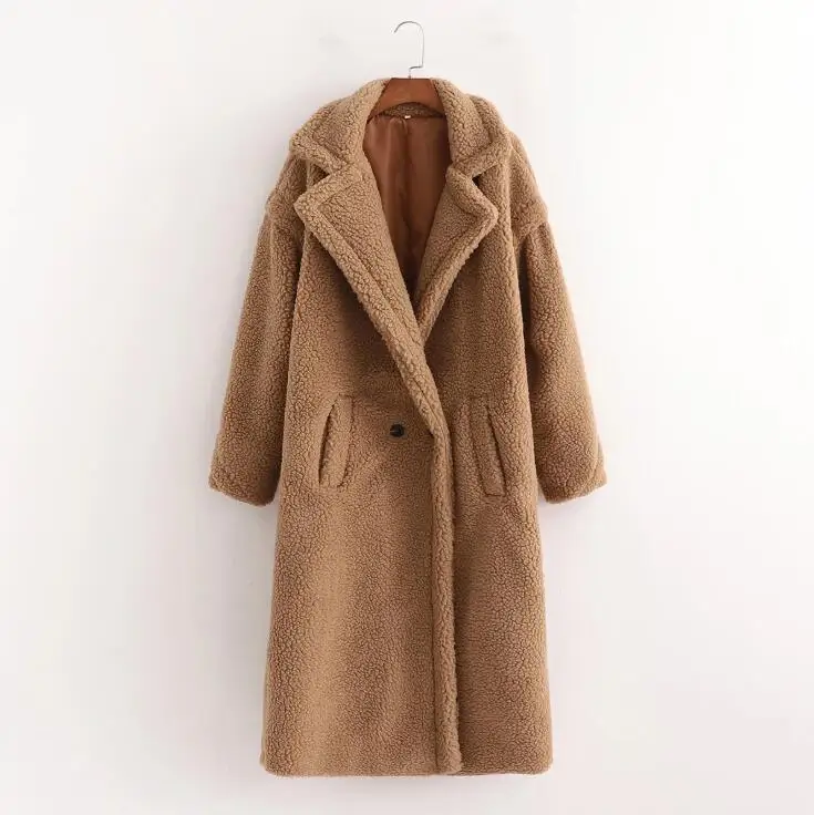 Winter Notched Collar Hairy Shaggy Faux Fur Long Teddy Coat Ivory Woman Shearling Fluffy X-Long Jackets Keep Warm Outerwear