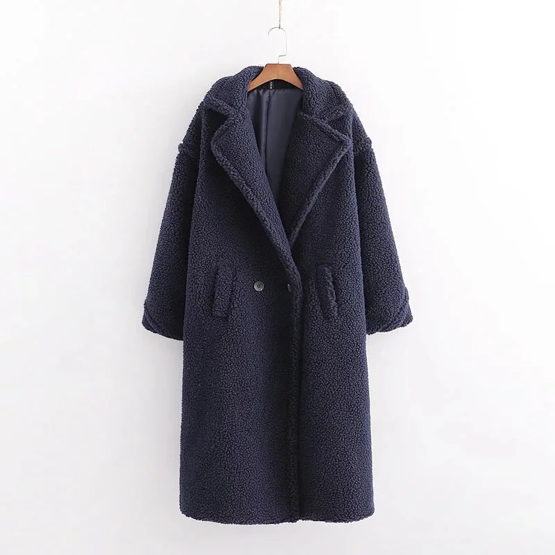 Winter Notched Collar Hairy Shaggy Faux Fur Long Teddy Coat Ivory Woman Shearling Fluffy X-Long Jackets Keep Warm Outerwear