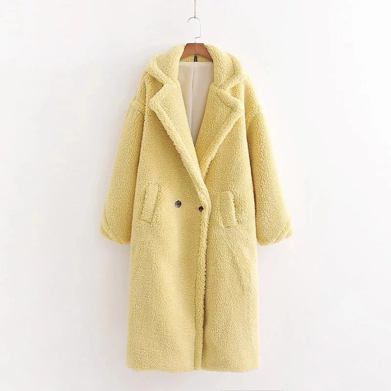 Winter Notched Collar Hairy Shaggy Faux Fur Long Teddy Coat Ivory Woman Shearling Fluffy X-Long Jackets Keep Warm Outerwear