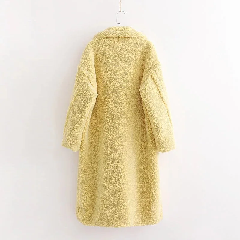 Winter Notched Collar Hairy Shaggy Faux Fur Long Teddy Coat Ivory Woman Shearling Fluffy X-Long Jackets Keep Warm Outerwear