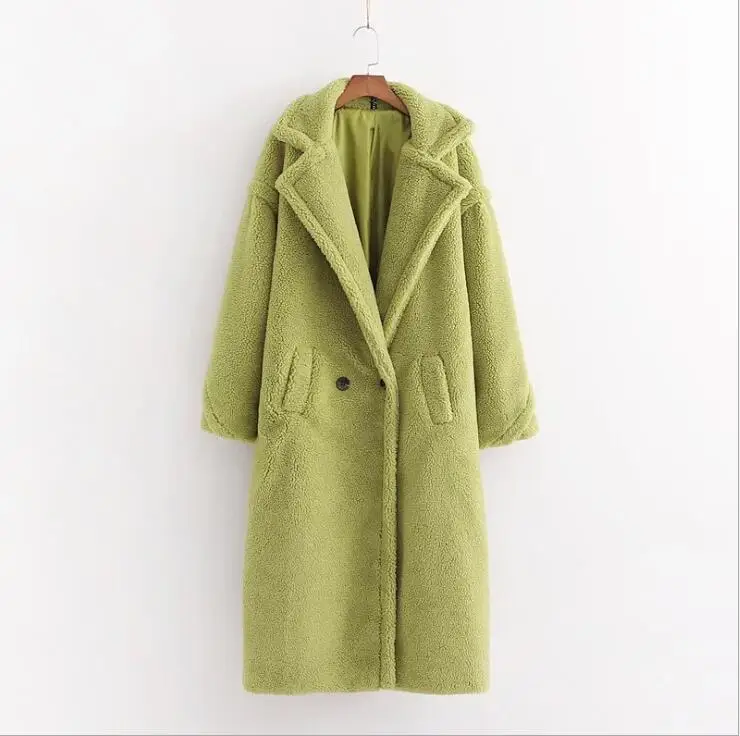 Winter Notched Collar Hairy Shaggy Faux Fur Long Teddy Coat Ivory Woman Shearling Fluffy X-Long Jackets Keep Warm Outerwear