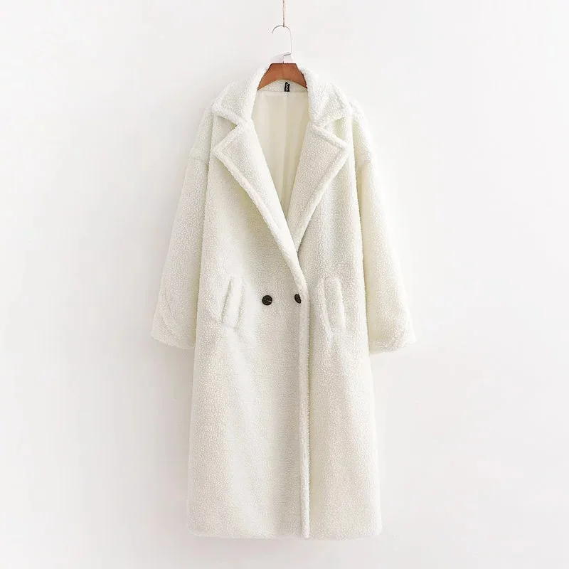 Winter Notched Collar Hairy Shaggy Faux Fur Long Teddy Coat Ivory Woman Shearling Fluffy X-Long Jackets Keep Warm Outerwear