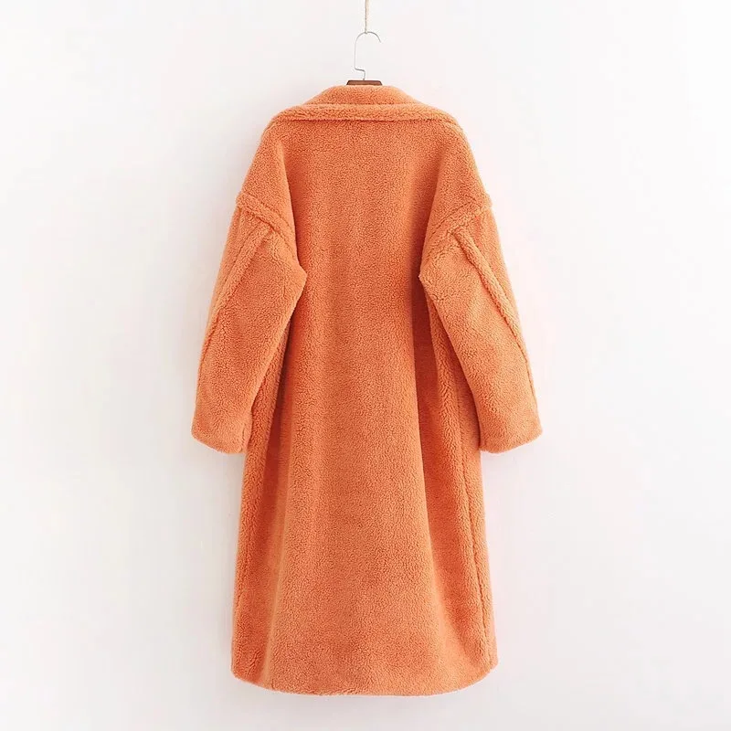 Winter Notched Collar Hairy Shaggy Faux Fur Long Teddy Coat Ivory Woman Shearling Fluffy X-Long Jackets Keep Warm Outerwear