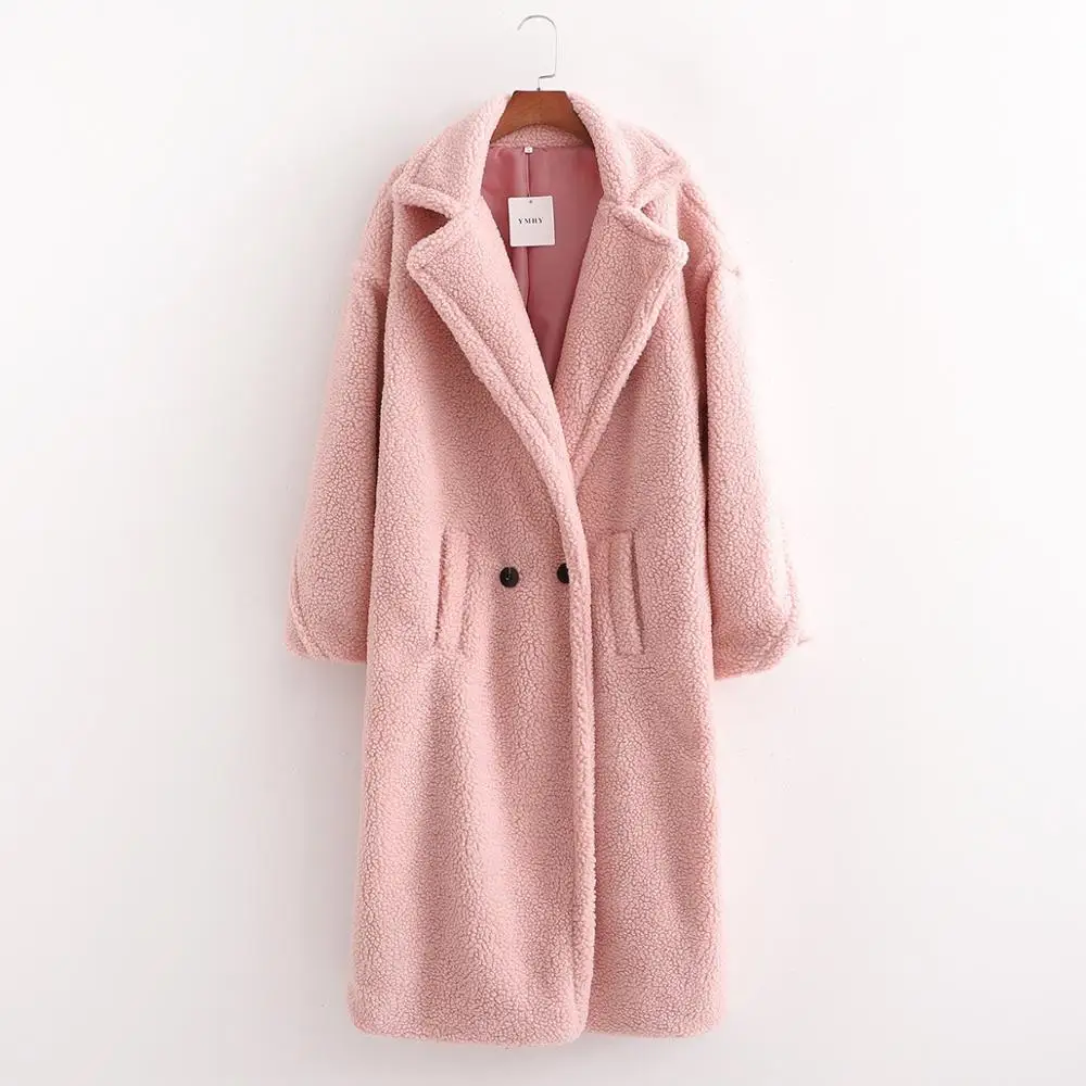 Winter Notched Collar Hairy Shaggy Faux Fur Long Teddy Coat Ivory Woman Shearling Fluffy X-Long Jackets Keep Warm Outerwear