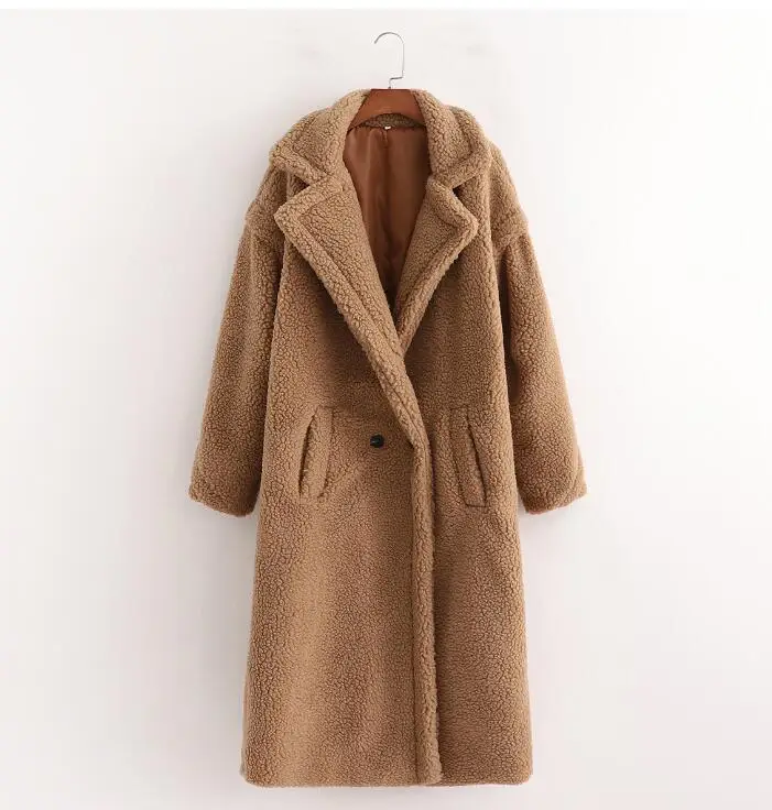 Winter Notched Collar Hairy Shaggy Faux Fur Long Teddy Coat Ivory Woman Shearling Fluffy X-Long Jackets Keep Warm Outerwear