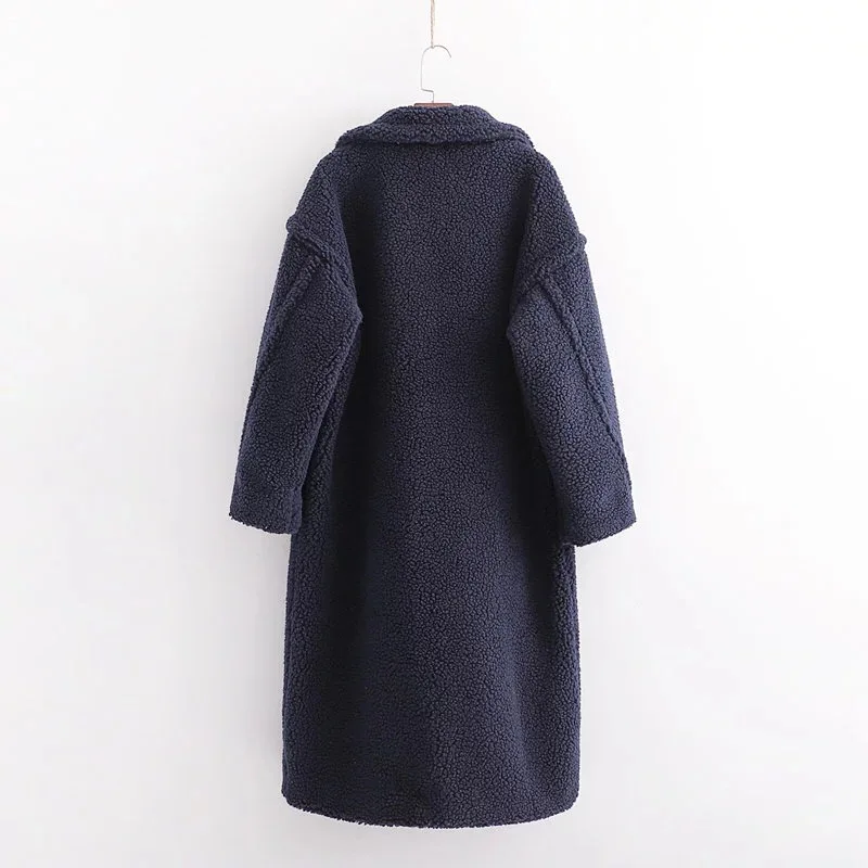 Winter Notched Collar Hairy Shaggy Faux Fur Long Teddy Coat Ivory Woman Shearling Fluffy X-Long Jackets Keep Warm Outerwear