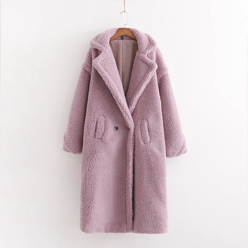 Winter Notched Collar Hairy Shaggy Faux Fur Long Teddy Coat Ivory Woman Shearling Fluffy X-Long Jackets Keep Warm Outerwear