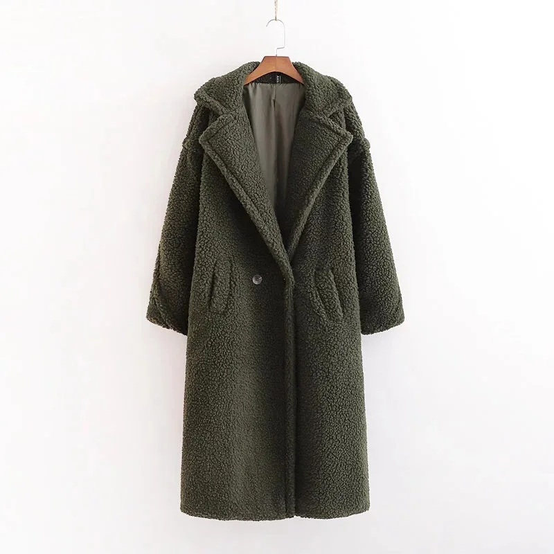 Winter Notched Collar Hairy Shaggy Faux Fur Long Teddy Coat Ivory Woman Shearling Fluffy X-Long Jackets Keep Warm Outerwear