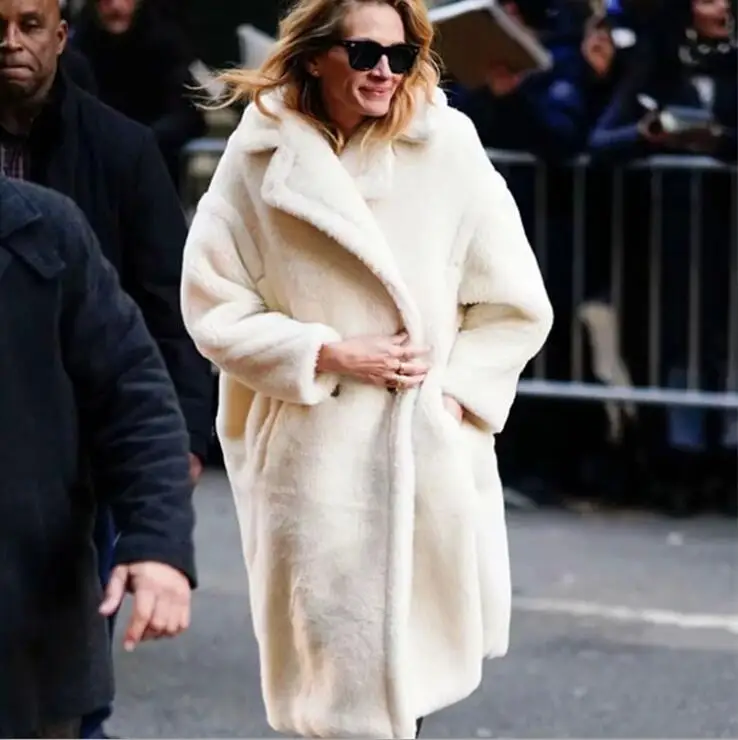 Winter Notched Collar Hairy Shaggy Faux Fur Long Teddy Coat Ivory Woman Shearling Fluffy X-Long Jackets Keep Warm Outerwear