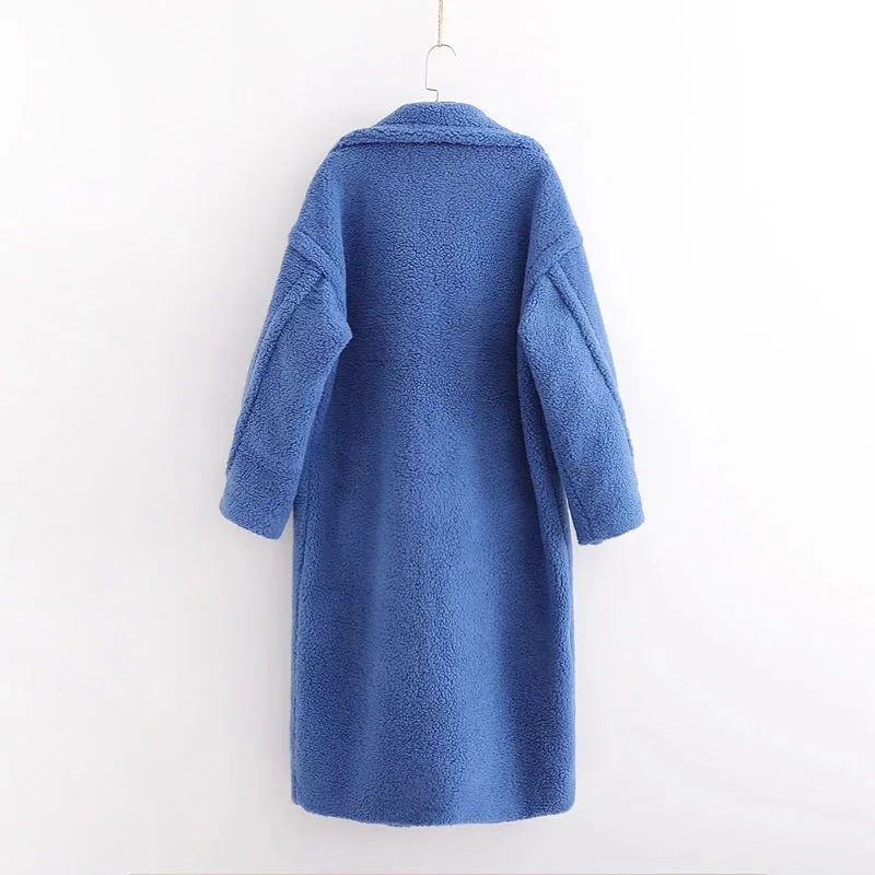 Winter Notched Collar Hairy Shaggy Faux Fur Long Teddy Coat Ivory Woman Shearling Fluffy X-Long Jackets Keep Warm Outerwear