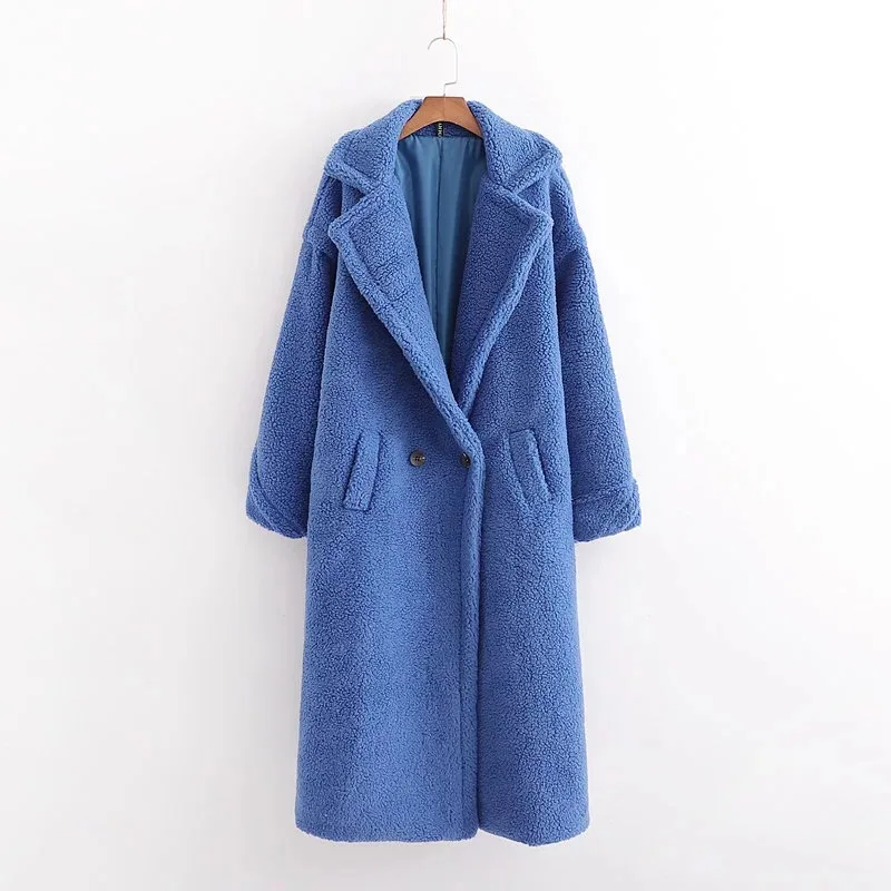 Winter Notched Collar Hairy Shaggy Faux Fur Long Teddy Coat Ivory Woman Shearling Fluffy X-Long Jackets Keep Warm Outerwear